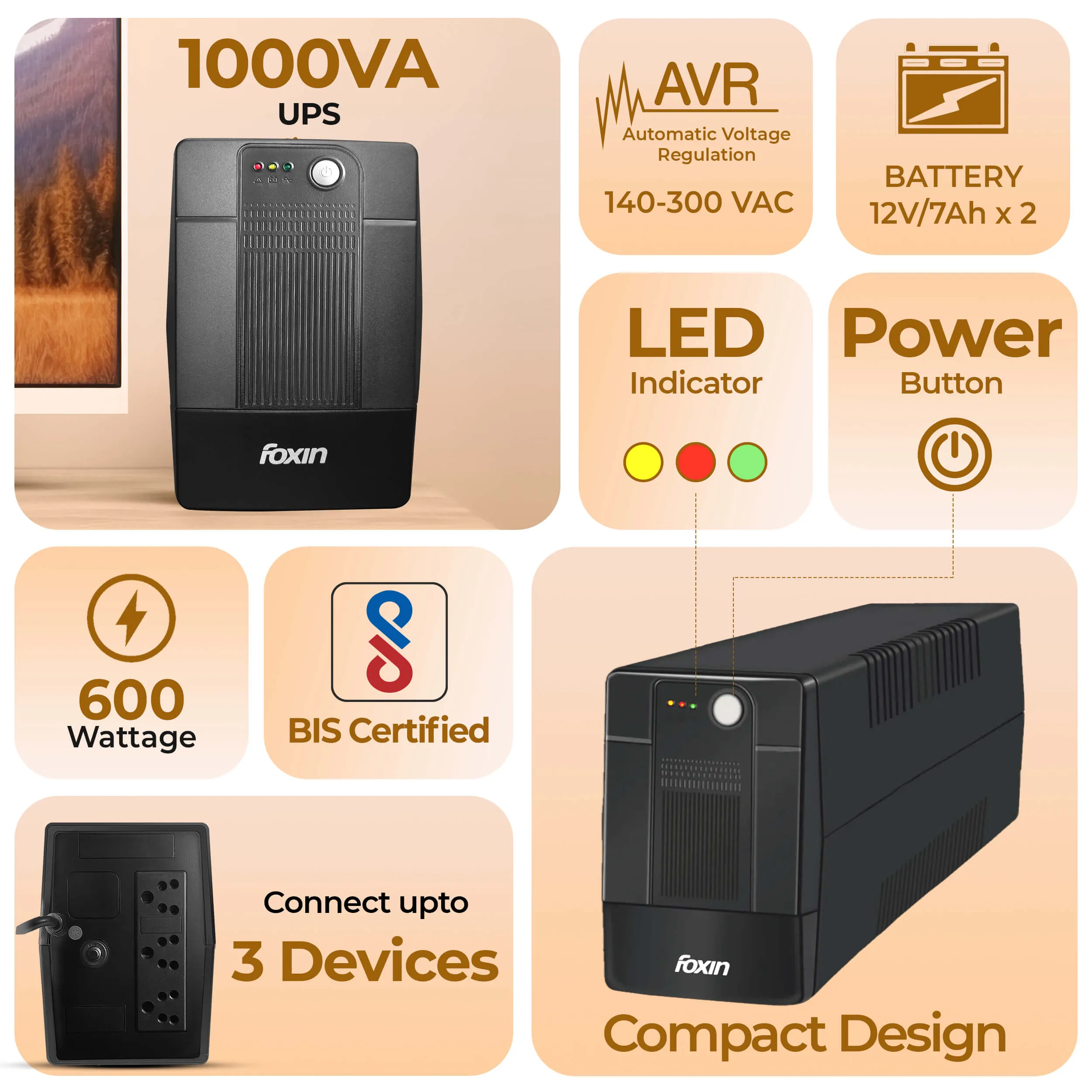 Foxin UPS 1000VA FPS 1001 (2+2 Warranty) view 3